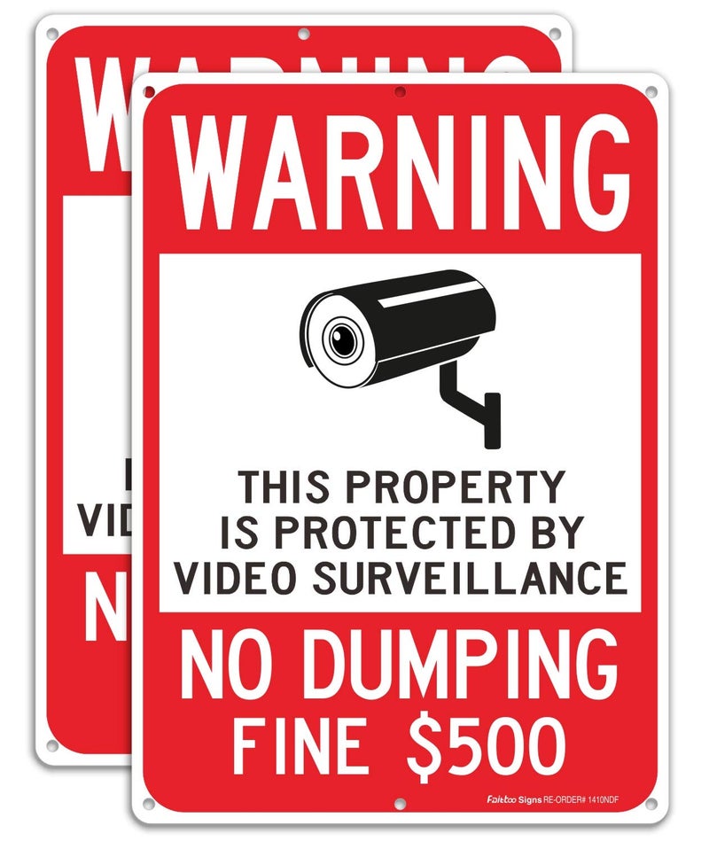 Faittoo Warning No Dumping Fine $500 Sign, This Property Is Protected By Video Surveillance Sign, 14 x 10 Inches .040 Rust-Free Aluminum, UV Protected, Weather Resistant, Easy to Mount (2 Pack) - Image 1